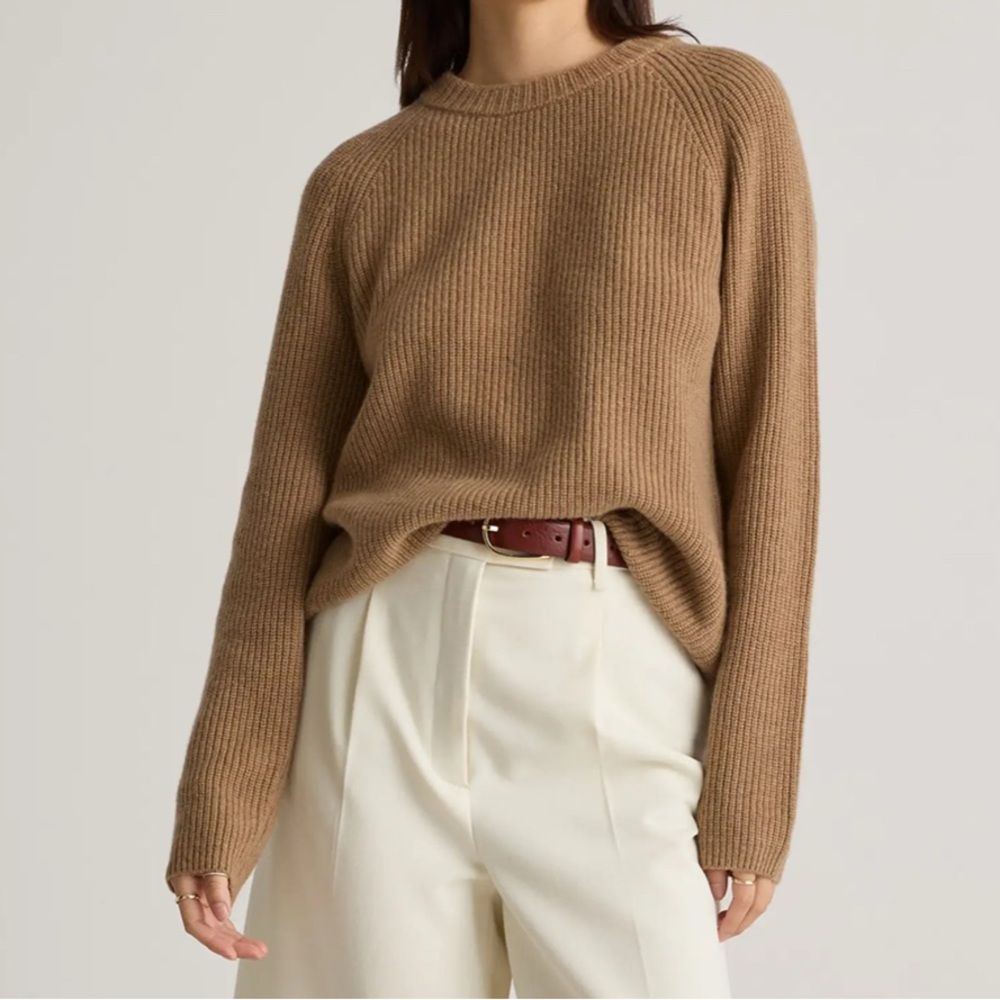 Quince Mongolian Cashmere Fisherman Crewneck Sweater, size L, tan.